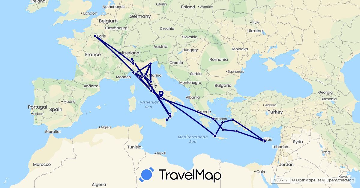 TravelMap itinerary: driving in Switzerland, Cyprus, France, Greece, Italy, Turkey (Asia, Europe)